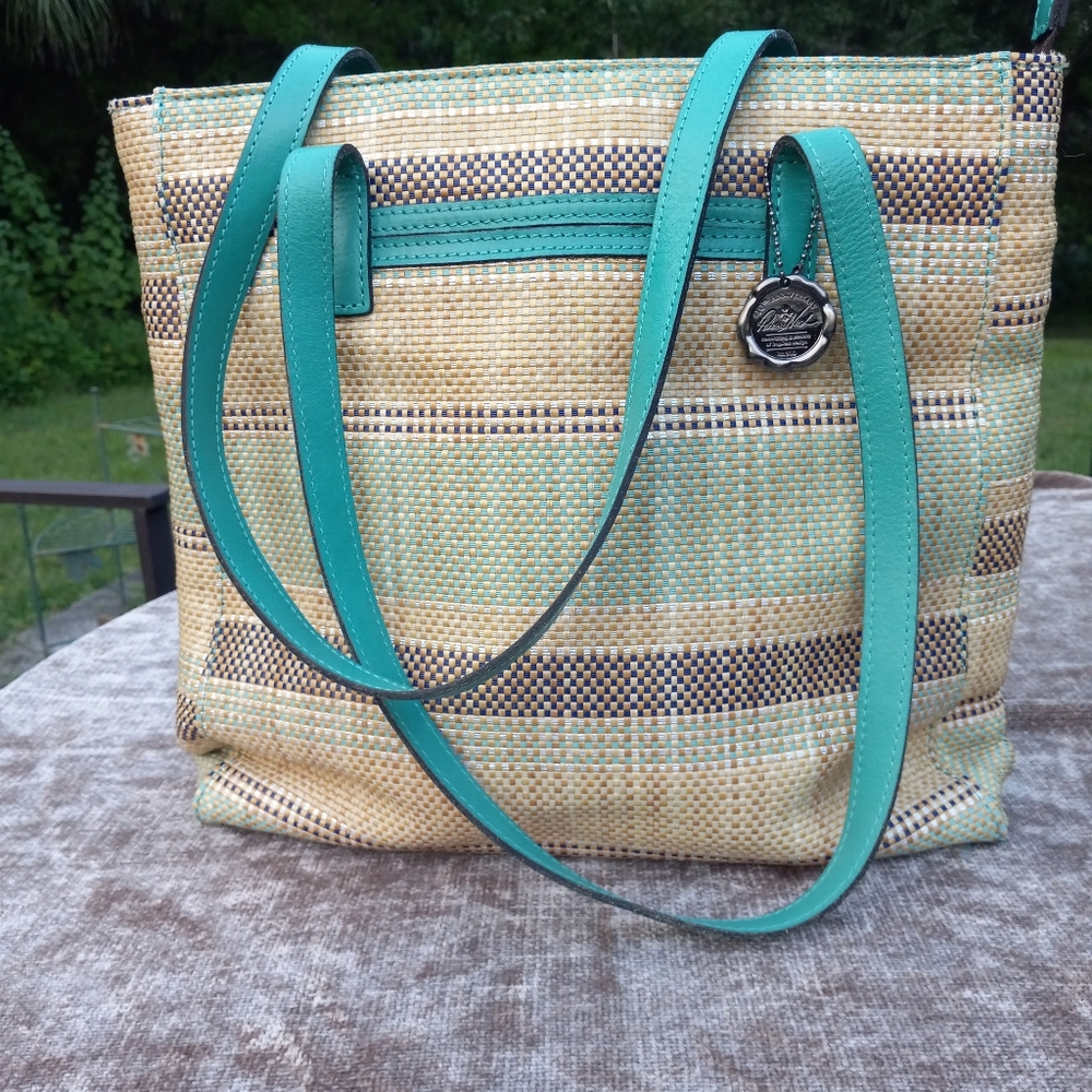 NWOT Patricia Nash Viana Fine Straw Aqua Blue Multicolor DoubleStrap Tote